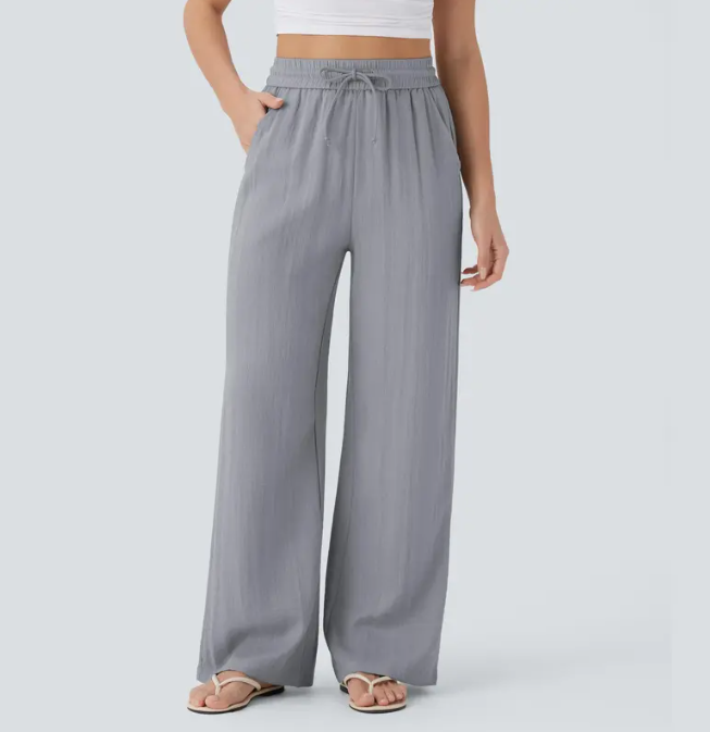 High Waisted Drawstring Pocket Wide Leg Baggy Casual Linen-Feel Pants