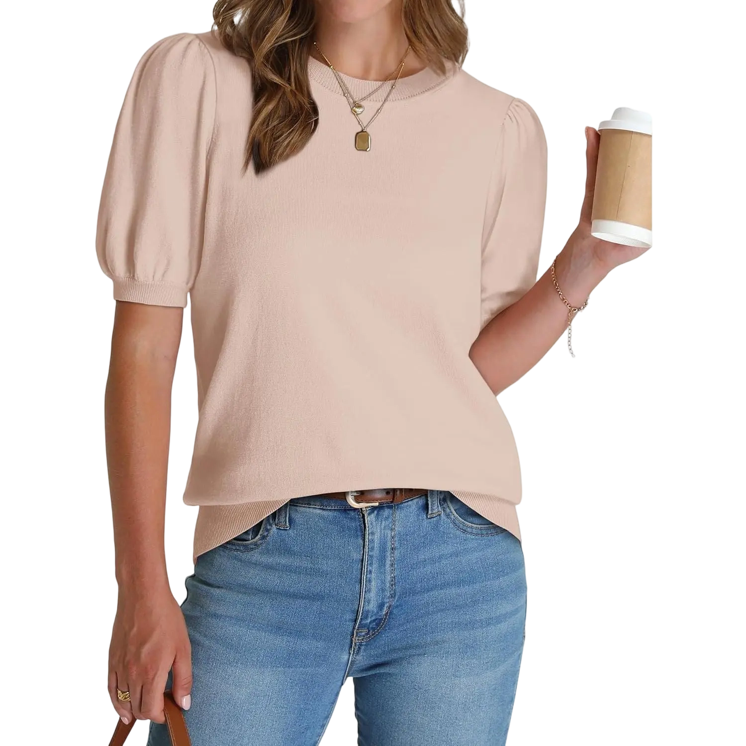 Women's Puff Short Sleeve Lightweight Knit Top Soft Breathable