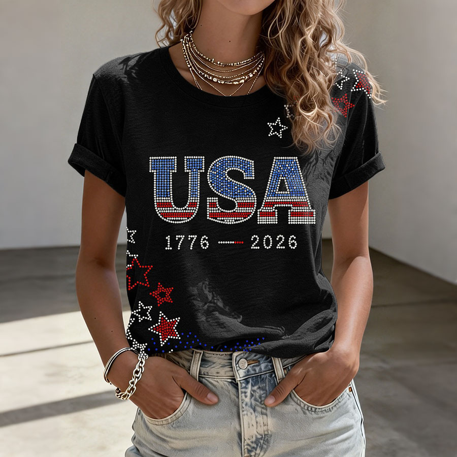 Women's USA1776-2026 Rhinestone Pattern T-Shirt