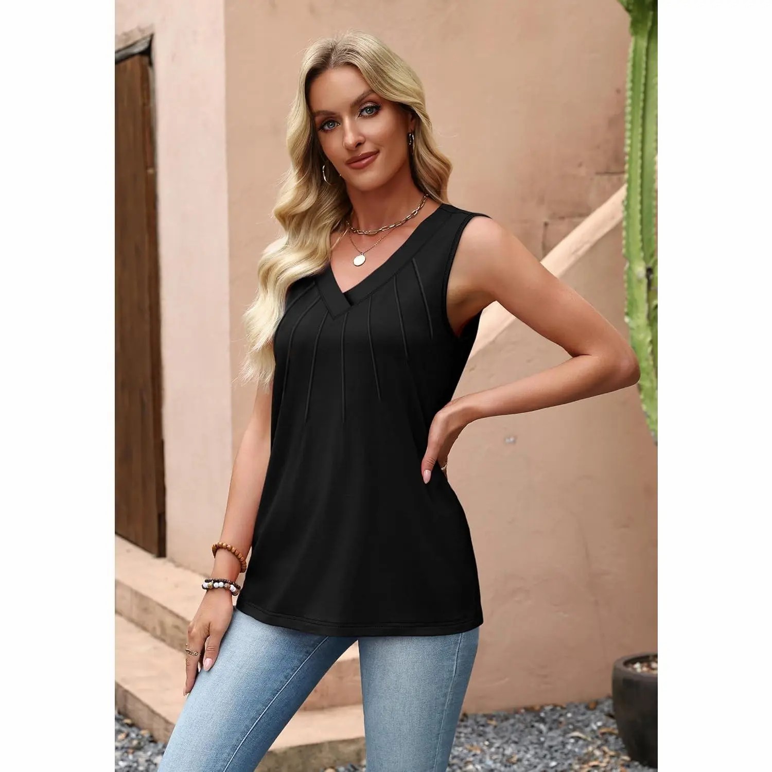 Tank Tops for Women Loose Fit Sleeveless Shirts V Neck Summer Clothes Ruched Women's Tees and Tanks Straight Hem Vneck