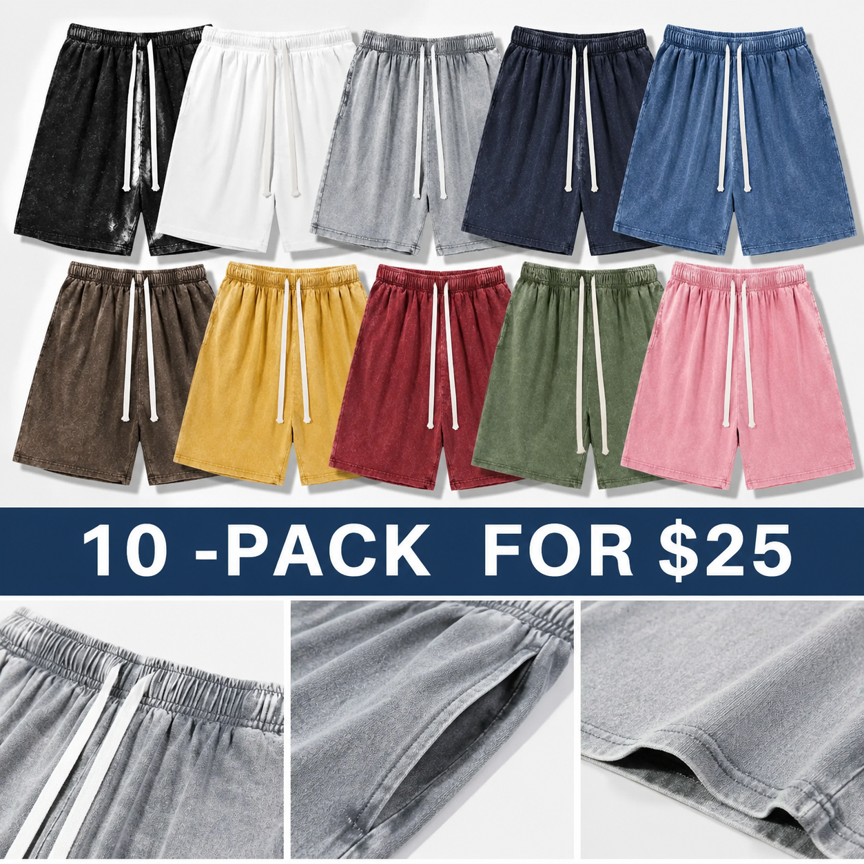 Men’s Vintage Acid Wash Cotton Sweat Shorts – Casual Athletic Drawstring Pocket Shorts