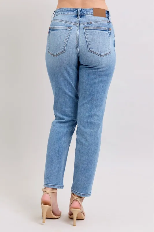 Blue Full Size Mid Rise Vintage Wash Slim Jeans with Cell Phone Pocket Plus Size
