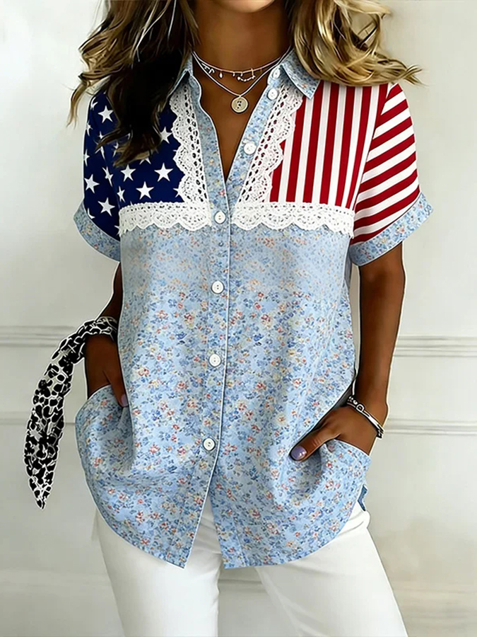 Ladies' Casual Floral 250Th Anniversary Celebration Lapel Shirt For The Founding Of The United States