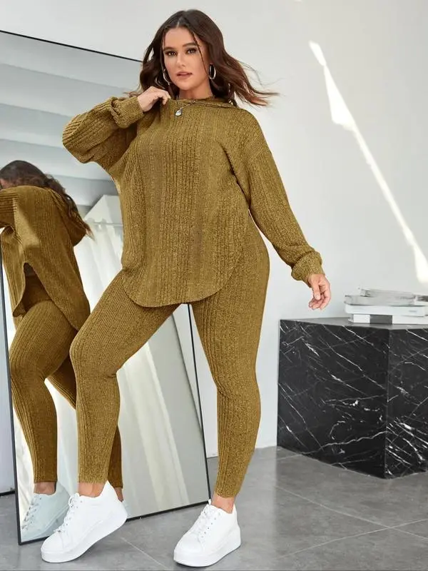Plain Split Curved Hem Hoodie & Leggings Lounge Two-piece Set