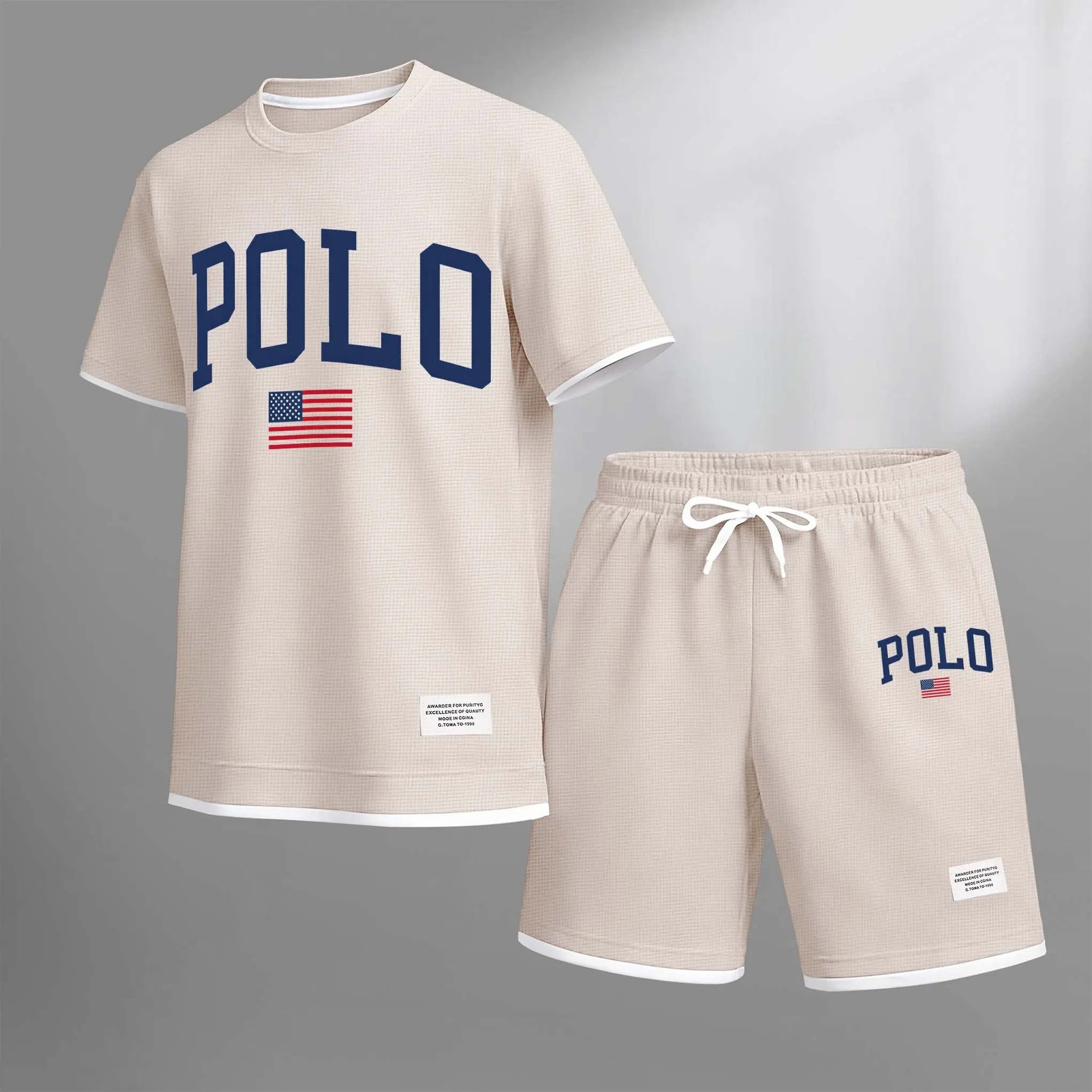 Men's Polo Print 2-Piece Summer Set – Short Sleeve Tee & Drawstring Shorts, Lightweight Waffle Knit