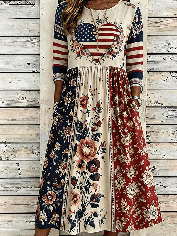 Women's American Flag Floral Patchwork Midi Dress