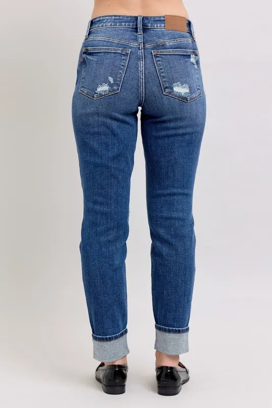 Blue Full Size Midi Rise Boyfriend destroy Jeans with Yoke Pockets and Faux Selvedge Cuff Plus Size