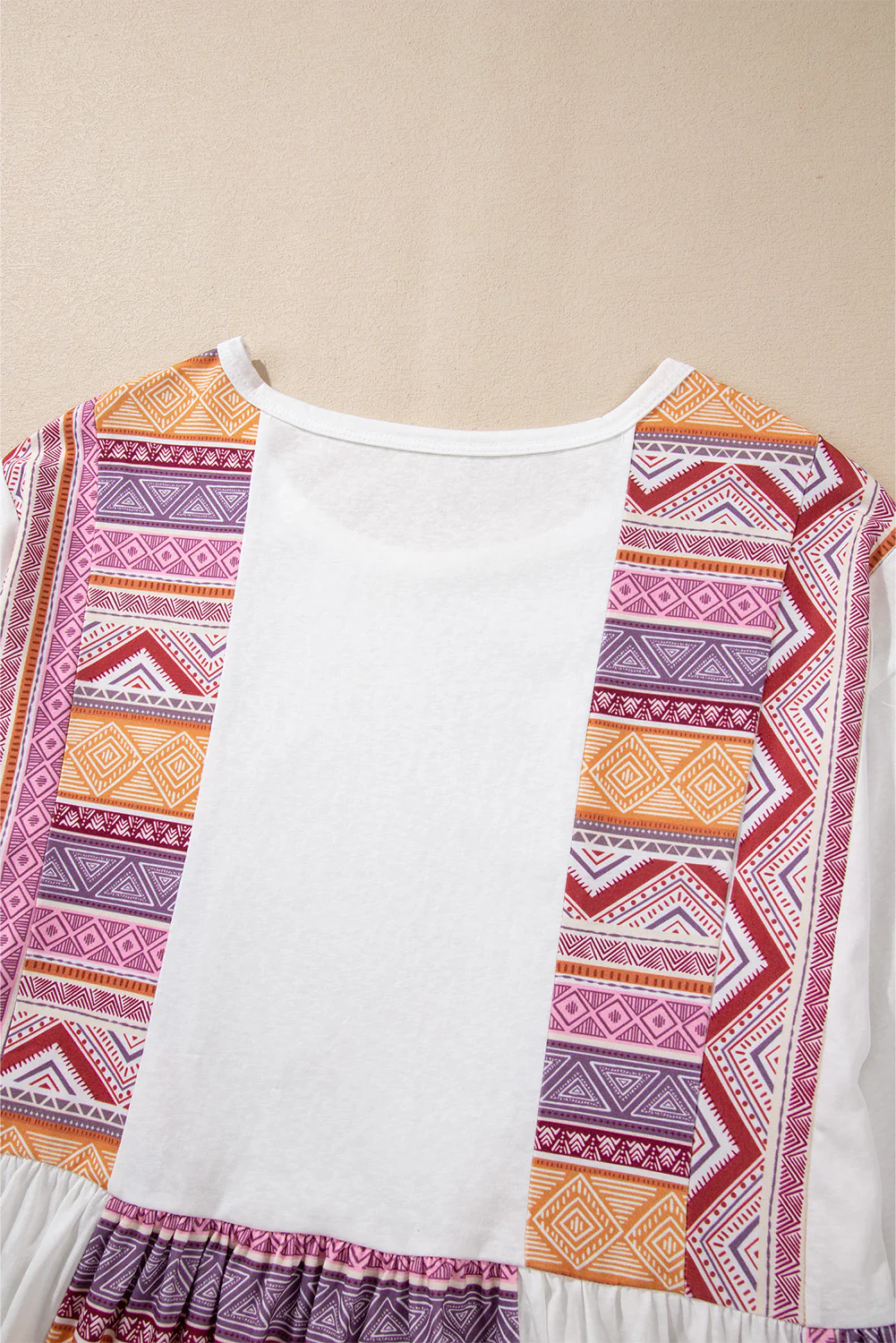 Western Aztec Print Patchwork Ruffled Tunic Long Sleeve Babydoll Top