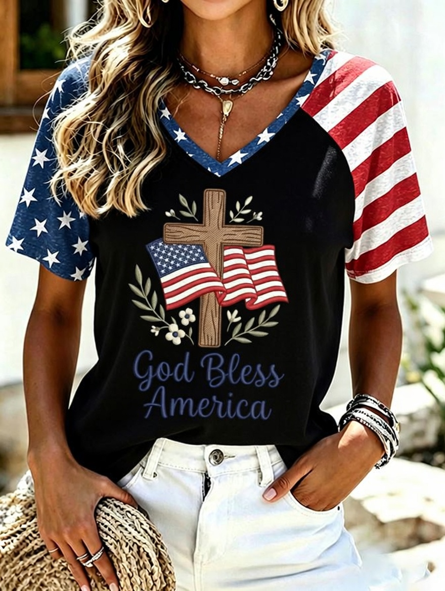 Women'S Retro Independence Day Printed Casual Short Sleeved T-Shirt