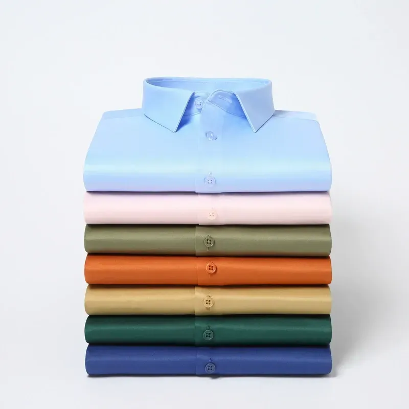 2025 New Elastic Silk White Shirt Men'S Long Sleeve Iron-Free Solid Color Breathable Casual Slim Business Men'S Shirt