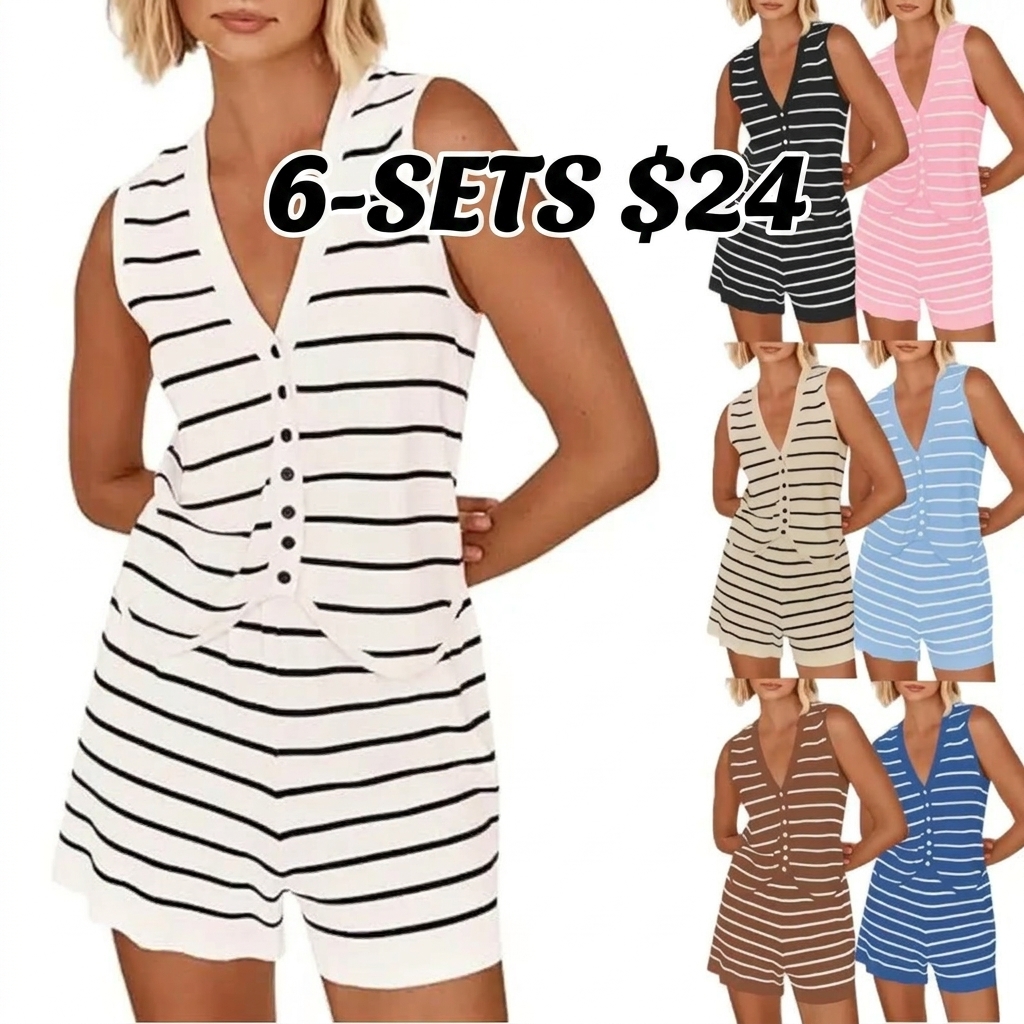 Womens 2 Piece Outfits Summer Striped Casual Lounge Sets Knit Sleeveless V Neck Tops Short Sets