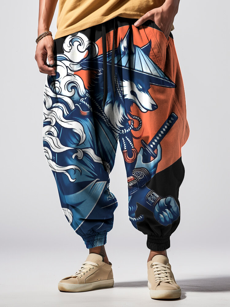Men's Samurai Wolf Japanese Art Print Loose Drawstring Waist Sweatpants