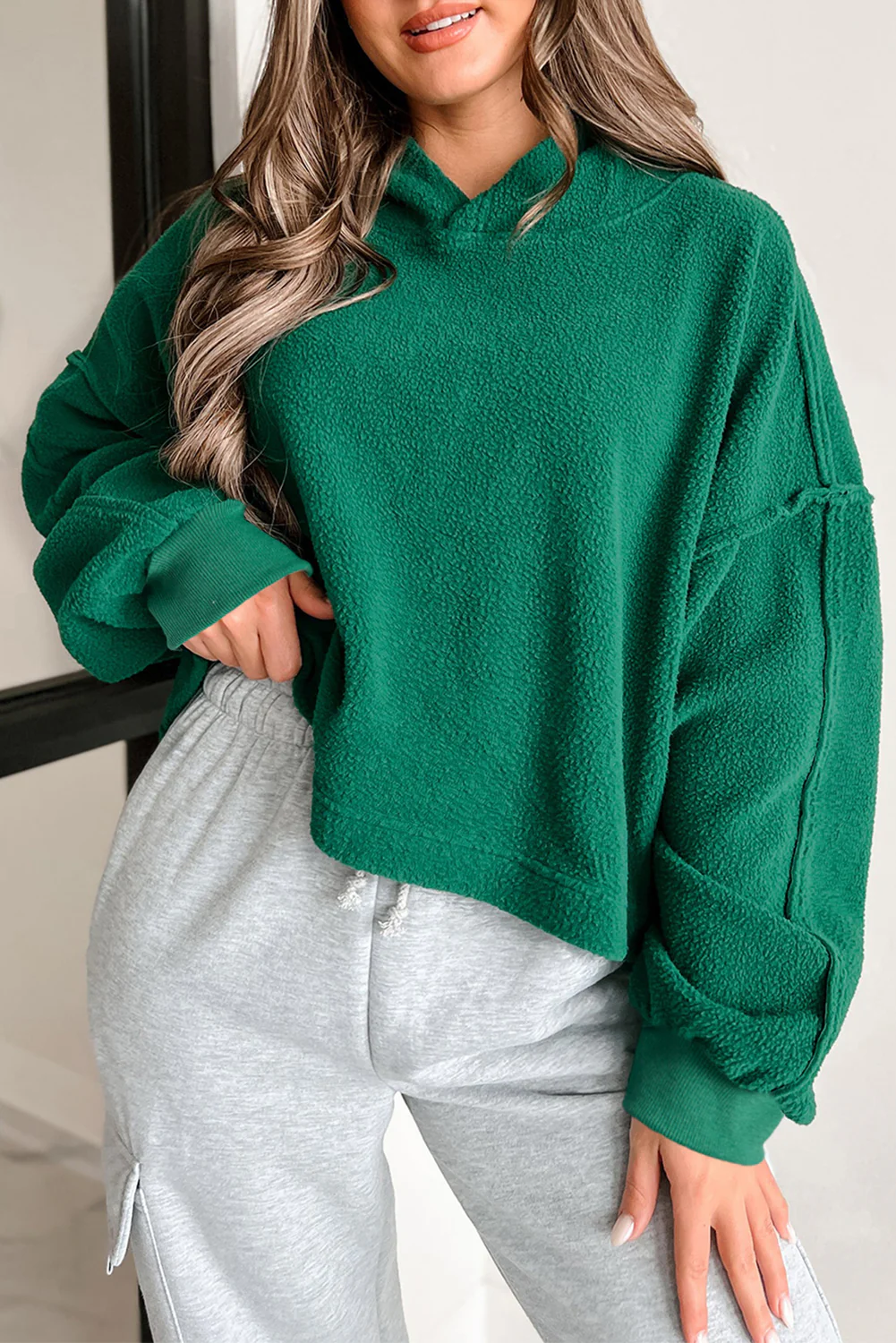 Dark Sherpa Fleece Drop Shoulder Hoodie