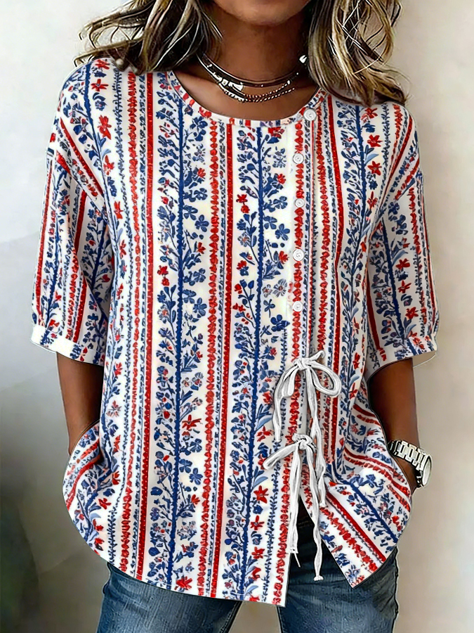 Women'S Cotton And Hemp Patriotic Independence Day Commemorative Printed Casual Shirt