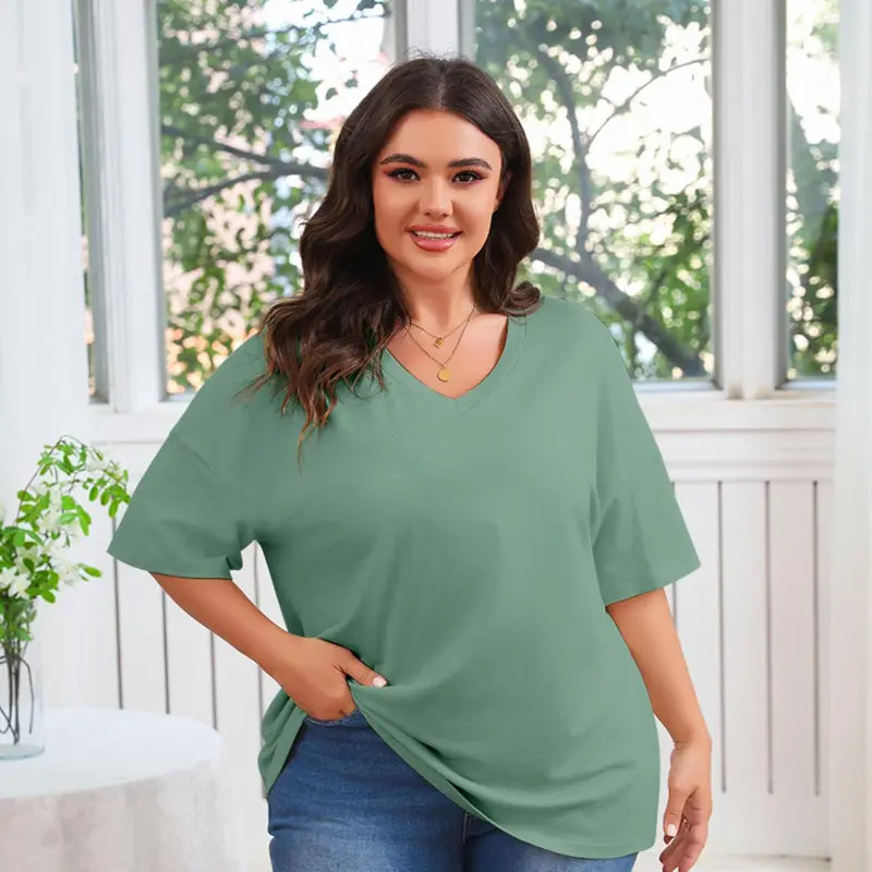 Women's Plus Size V Neck T Shirts Summer Half Sleeve Tees Casual Loose Fit Cotton Tunic Tops