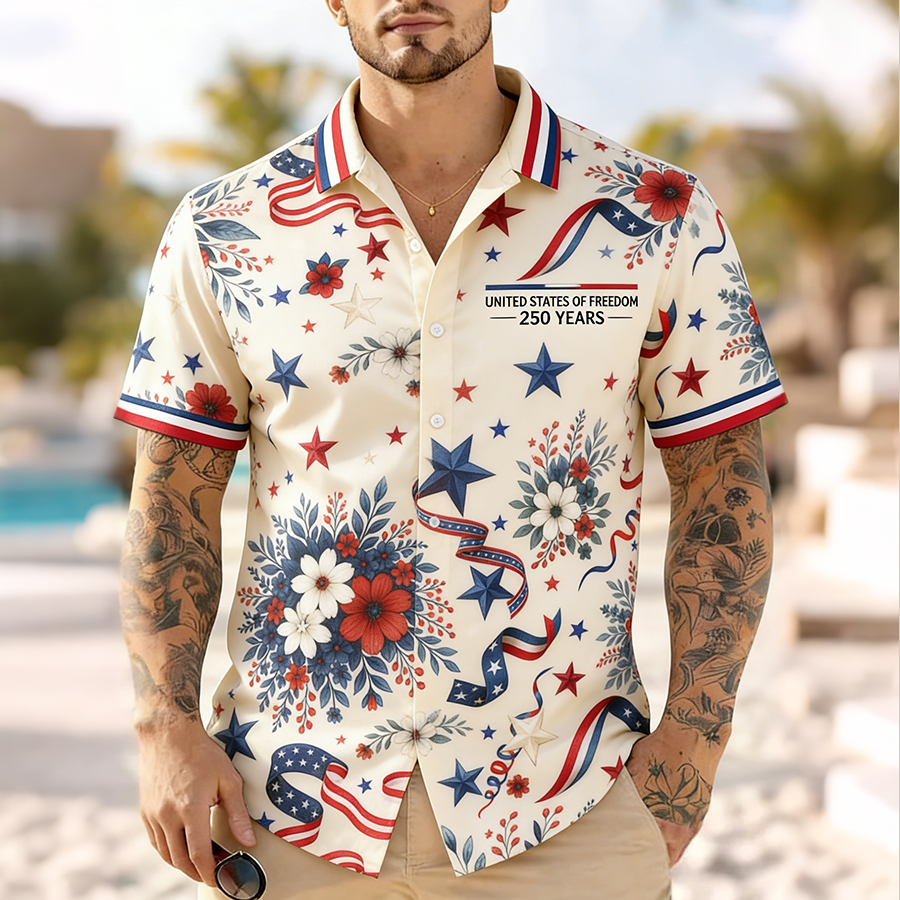 Men'S Casual American Flag Ribbon Art Print Hawaiian Shirt