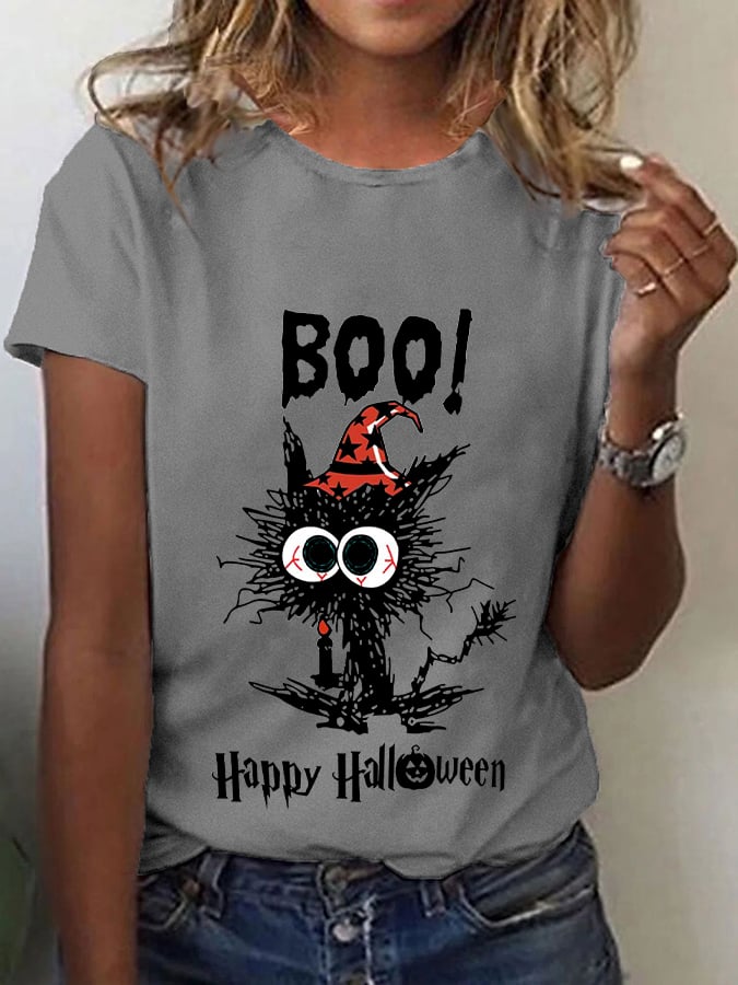 Women's Funny Halloween Boo Black Cat T-shirt