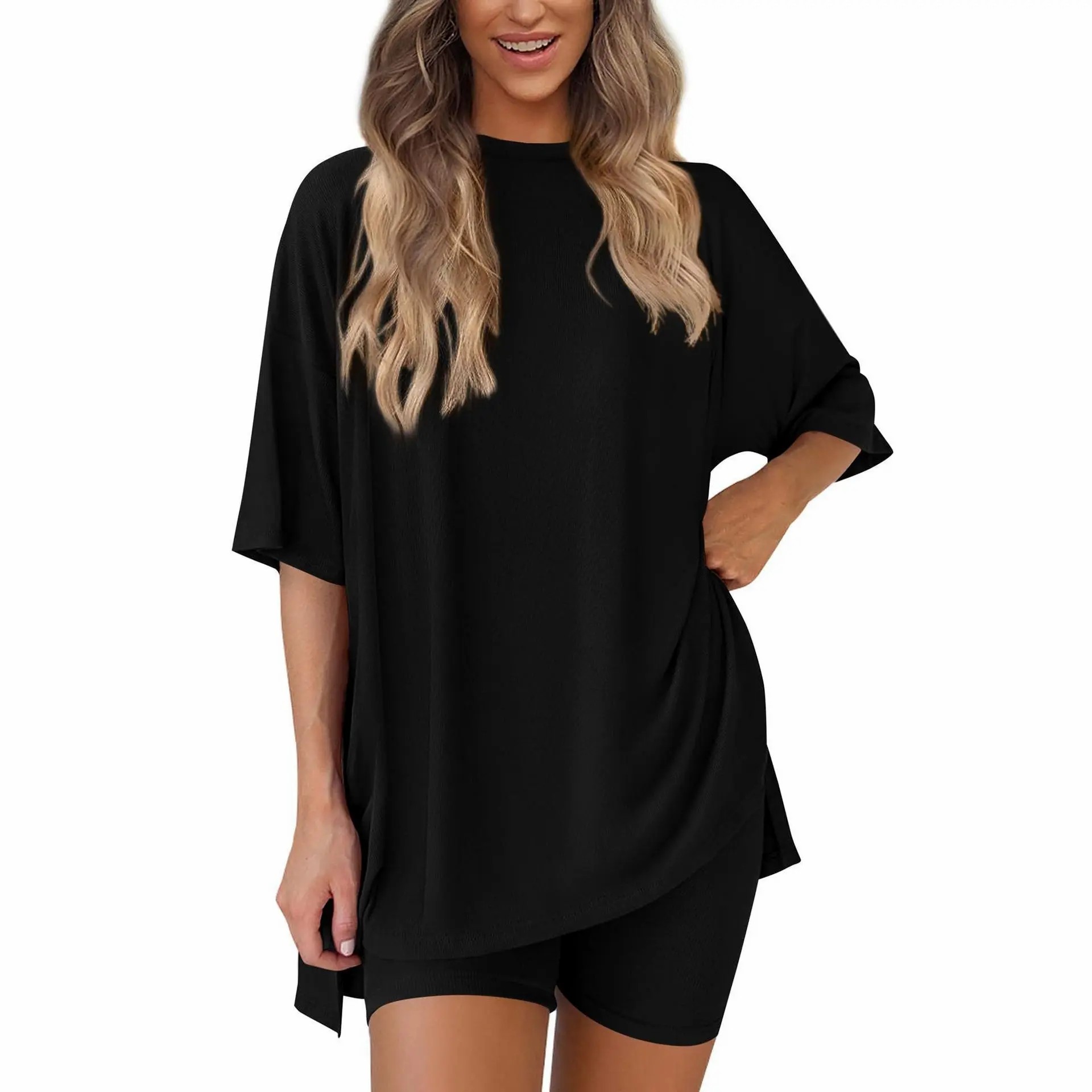 Crewneck Two-Piece Set For Women Summer Casual Oversized Split Hem Shirts & Side Pocket Biker Shorts