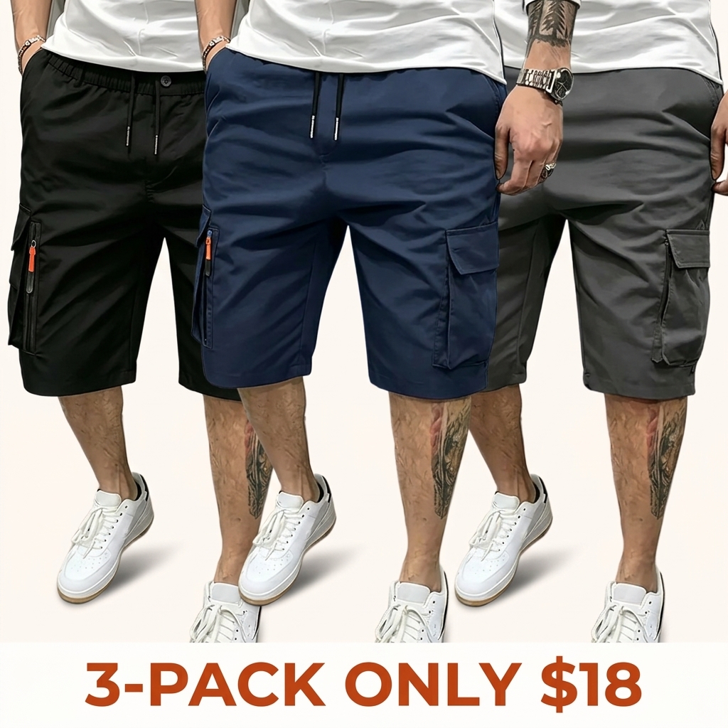 Men's Athletic-Casual Cargo Shorts — Multi-Pocket Design, Elastic Drawstring Waist, Decorative Faux Zipper