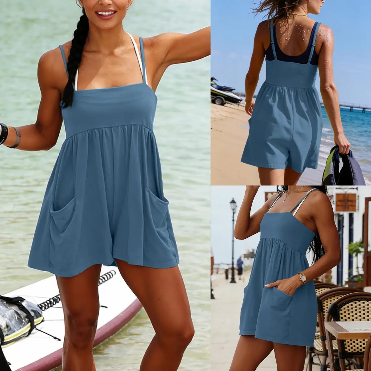 Women's Square Neck Backless Romper – Oversized Cotton Jumpsuit with Pockets & Adjustable Straps