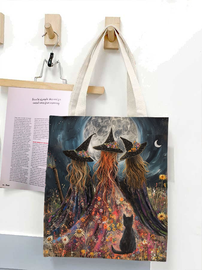 Witch And Flowers Under The Full Moon Art Print Canvas Bag