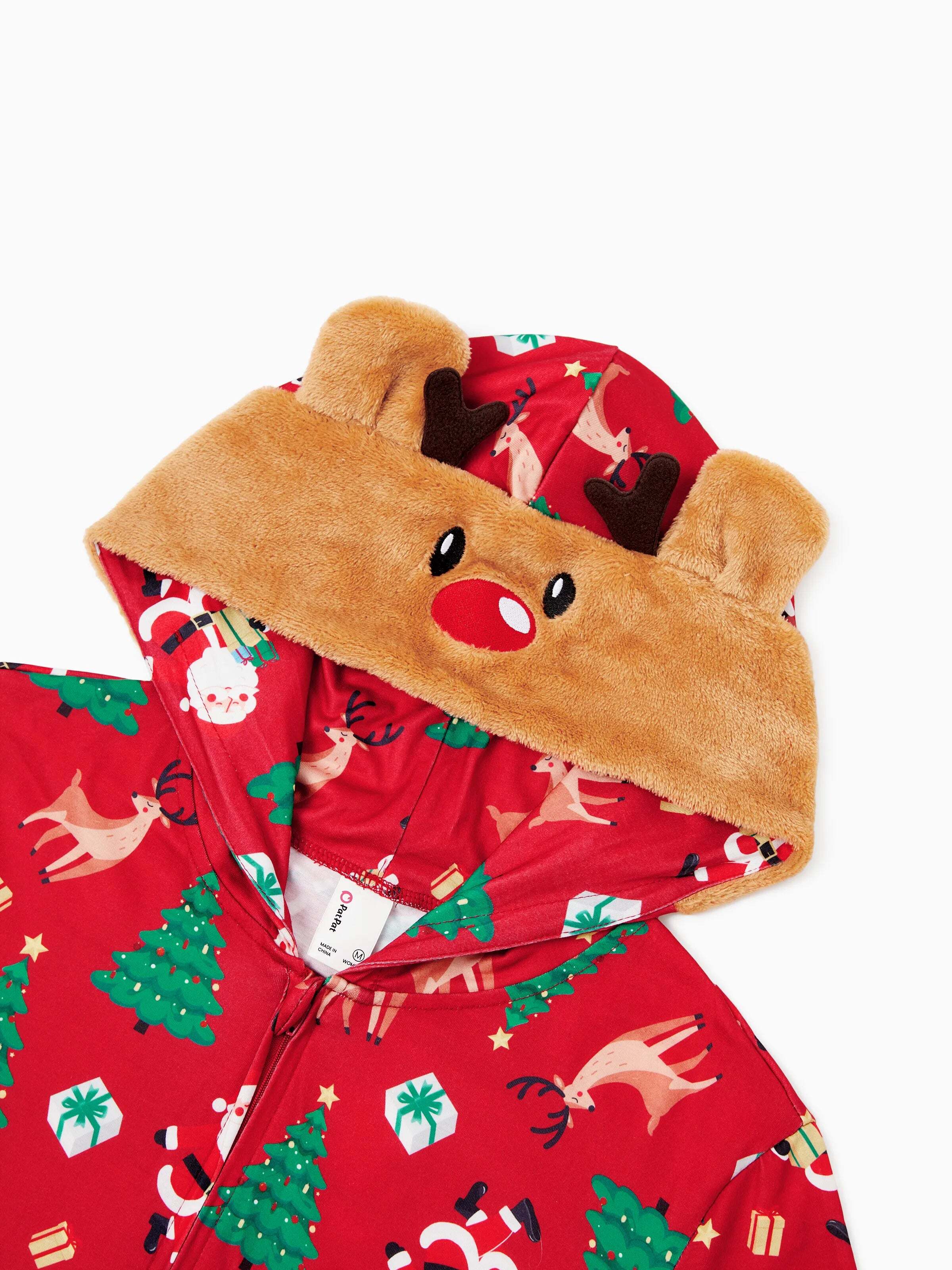 Christmas Family Pajamas Sets 3D Reindeer Hooded Allover Print Onesies with Christmas Socks Red-2