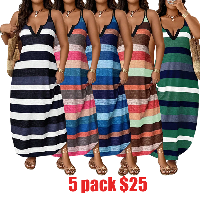 Plus Size Women's Rainbow Striped V-Neck Thin Strap Long Dress – Slimming Bodycon Vacation Style Elegant Comfortable Dress