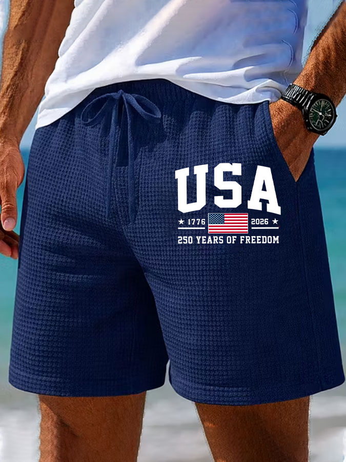 Men'S American Flag Printed Waffle Casual Shorts