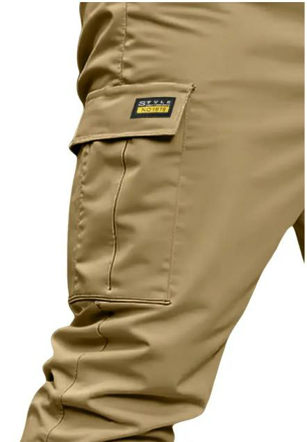 Men's solid color tactical work pants with multiple pockets and drawstring design
