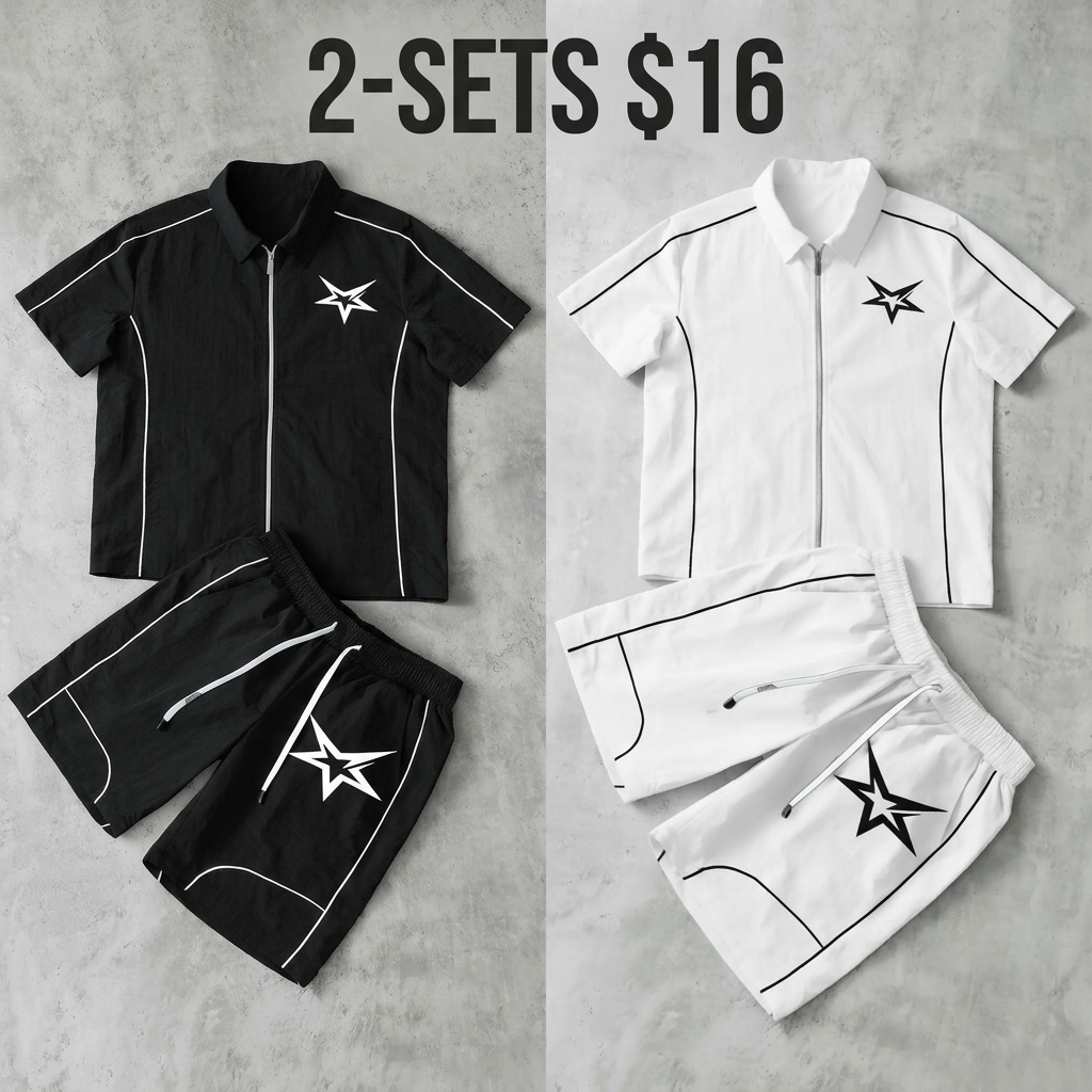 Stars Pattern Casual Set Short Sleeve Zipper Shirt + Gym Shorts Two-Piece Set, Breathable Comfort Spring Summer Daily Wear Activewear Set