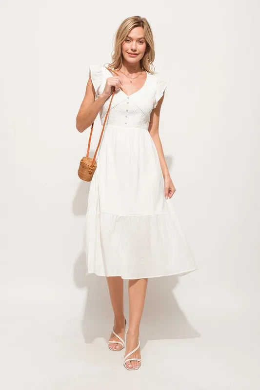 Ruffle Sleeve Front Smocked Tiered Midi Dress