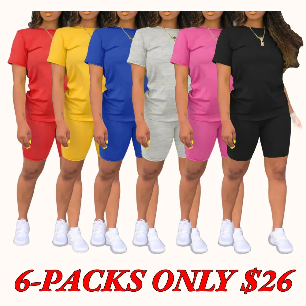 Women's Slim Fit Solid Color Crew Neck T-Shirt and Skinny Shorts Two-Piece Set