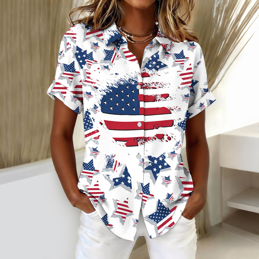 Women's Independence Day Patriotic American Flag Celebration Commemorative Cotton and Hemp Button Shirt