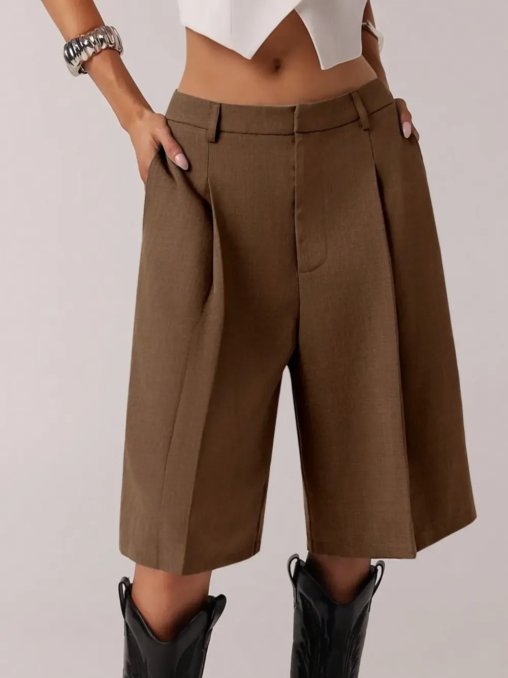 Women's Solid Color Simple Commuter Bermuda Shorts, All Seasons Business Casual Long Pants