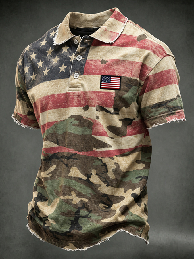 Men's Retro Camouflage Flag Art Print Polo Shirt