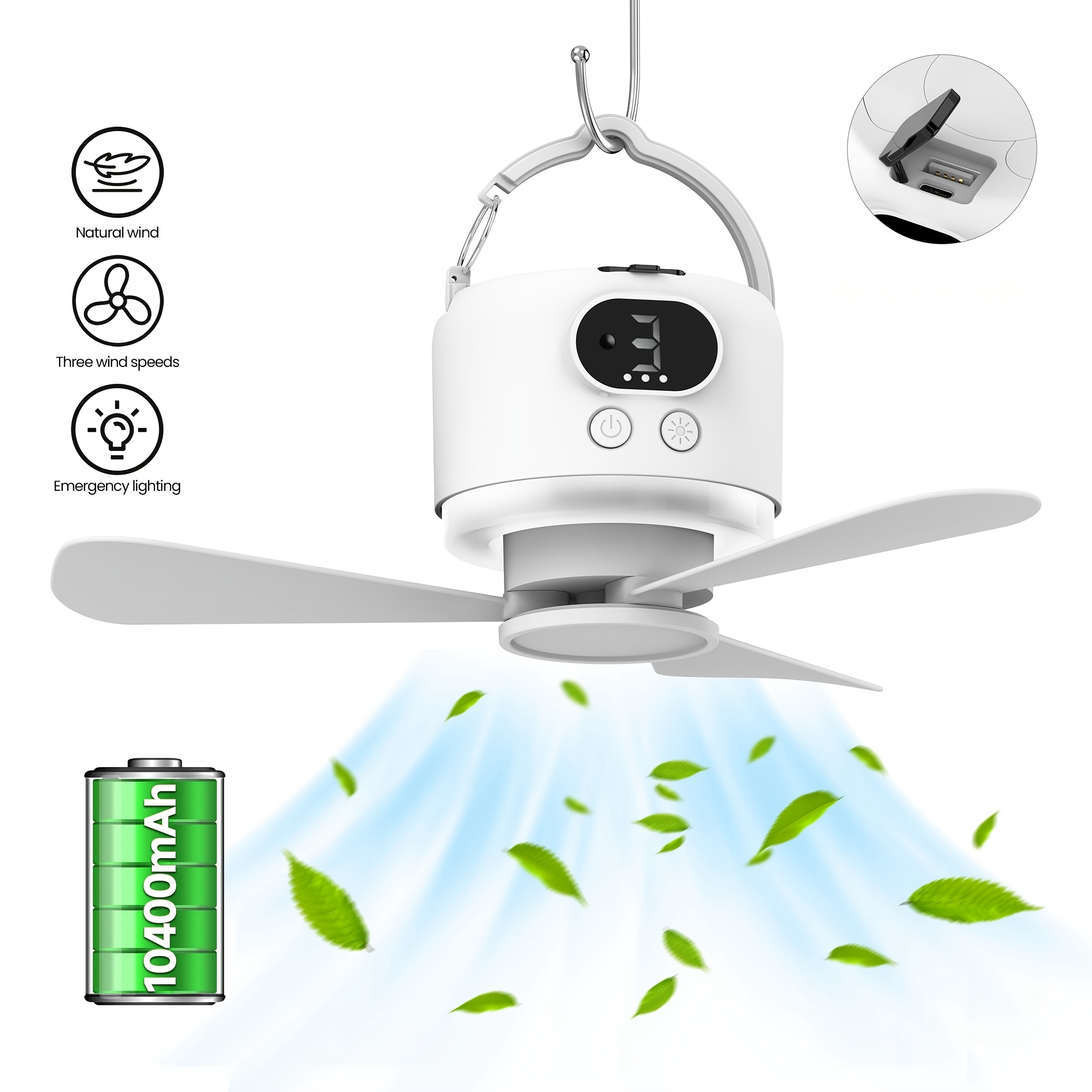 Portable Camping Ceiling Fan Camping Fan 10400mAh, USB Rechargeable Tent Fan, with Remote Control, LED Lights, Detachable Fan Blades
