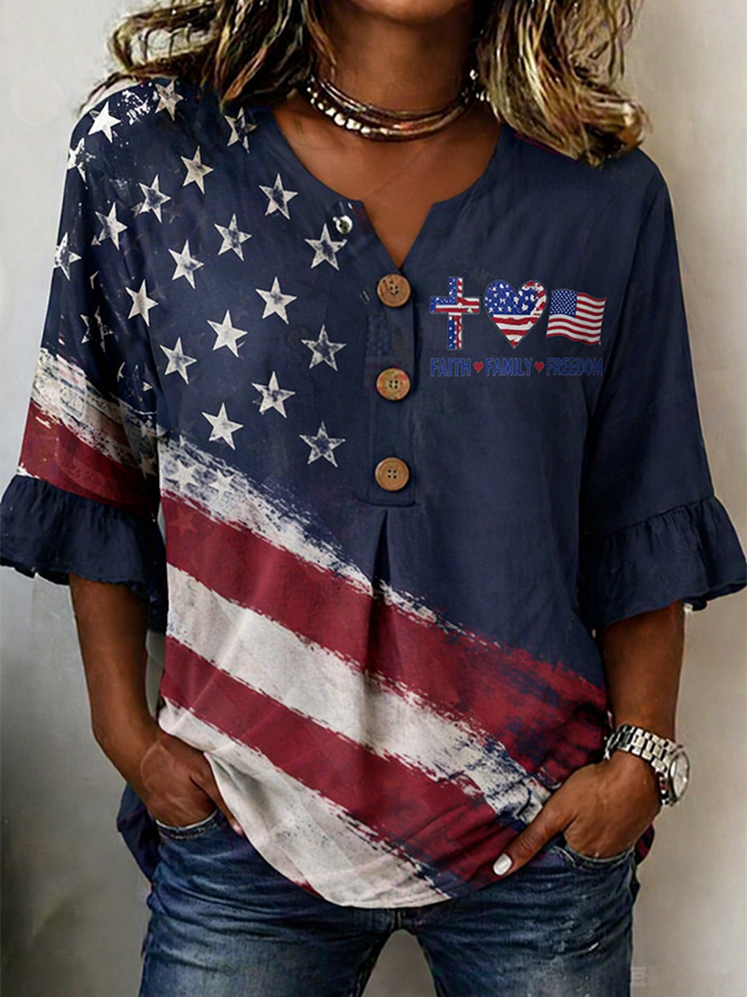Women's Faith Family Freedom Flag Cross Ruffle Sleeve Henley Blouse