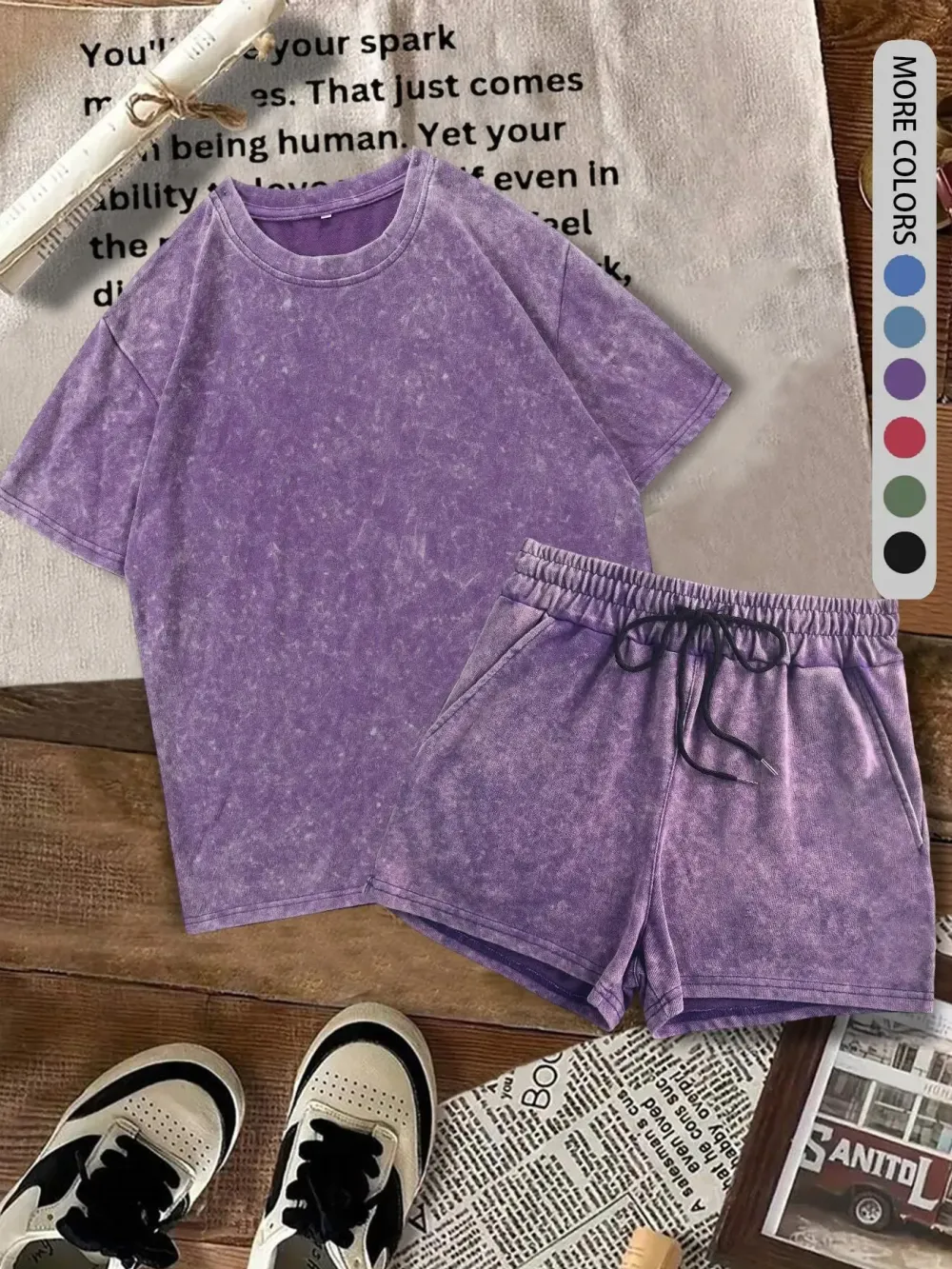 Two-piece Set Women's Solid Color Denim-effect Print Tee & Shorts