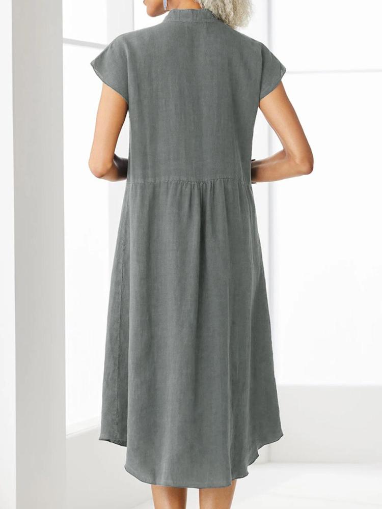 Stand Up Collar Button Down Cotton And Linen Dress With A Pocket
