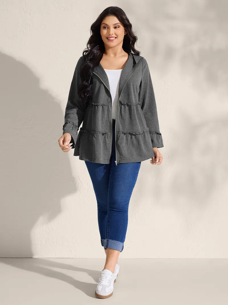 Women's Solid Dim Gray Polyester Quilted Puffer Coat - Fitted, Tiered Ruffled Edges, Zipper Closure, Pockets, Long Sleeves, Casual Clothes, Casualwear Outerwear