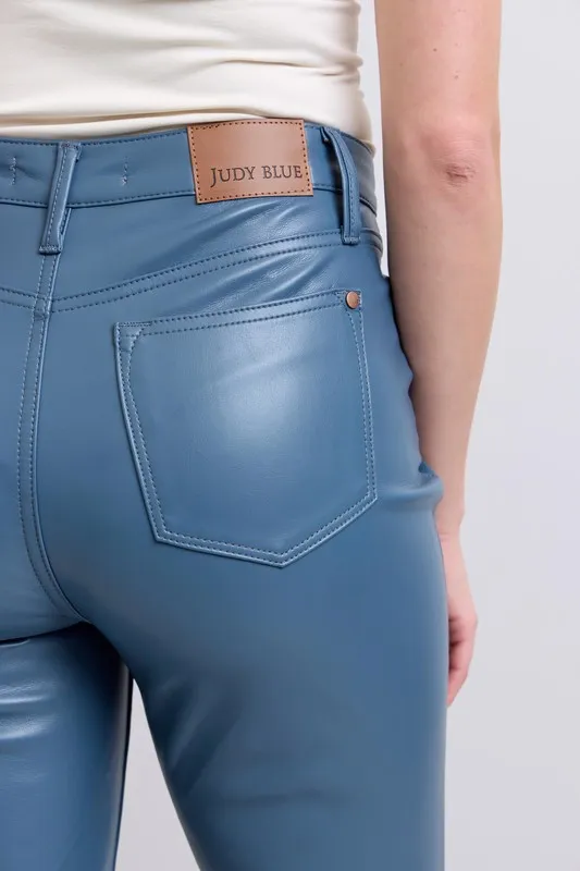 Blue Full Size High Waist Tummy Control Faux Leather Bootcut Pants Plus Size
