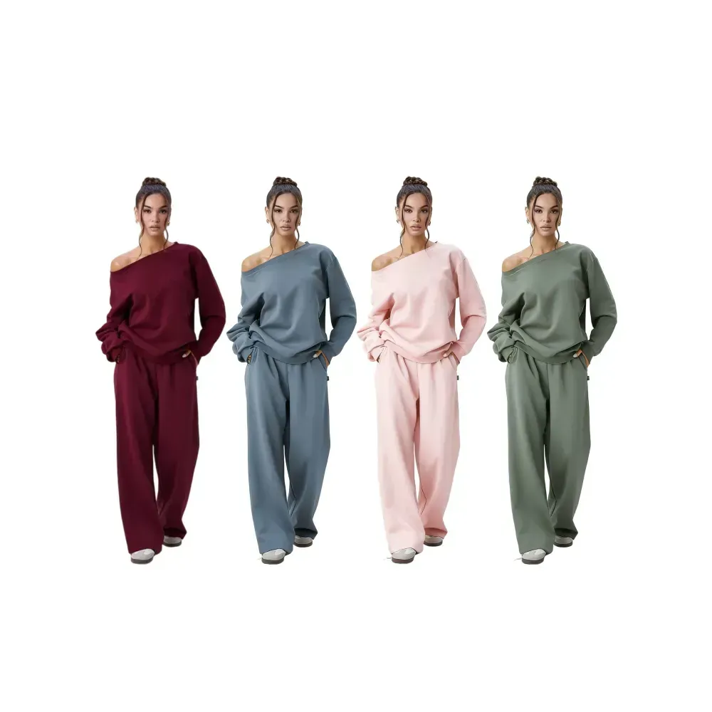 Women’s Sloping Shoulder Top & Wide Leg Pants Set