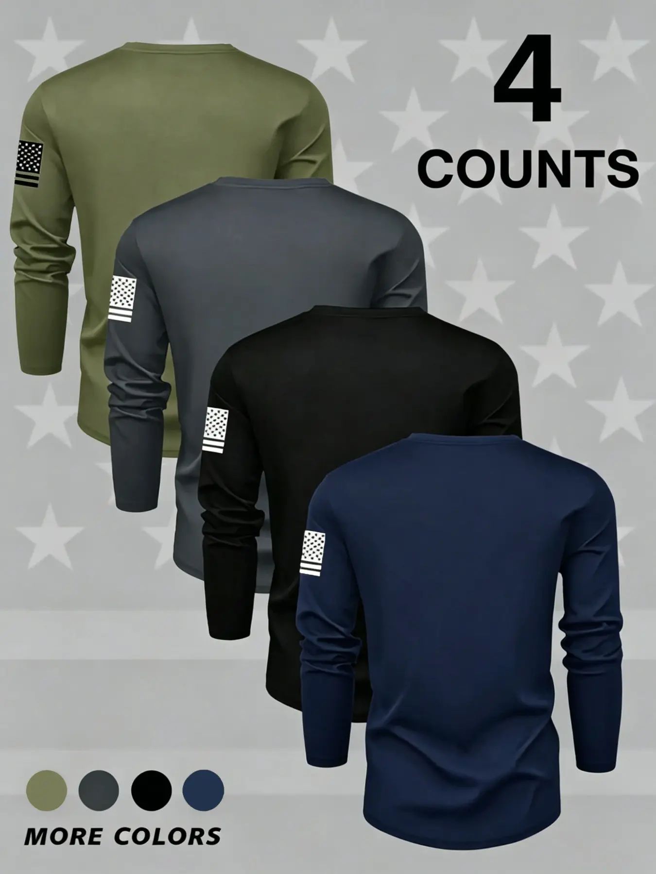 Men's Round Neck Long Sleeve T-Shirts, Casual Knitwear Top, Slight Stretch, Flag Print, Quick Dry, Gym, Running, Outdoor Activities