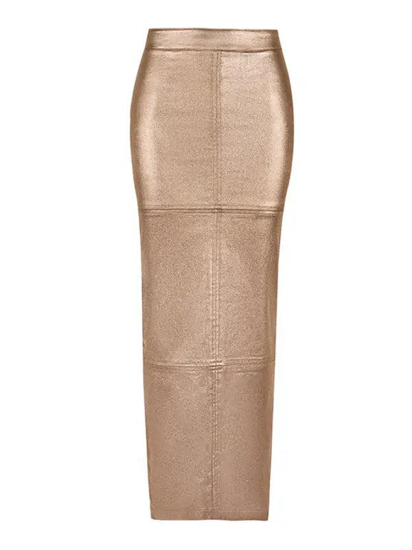 Spliced Slit Slim Fit PU Leather Maxi Skirt - xelpri