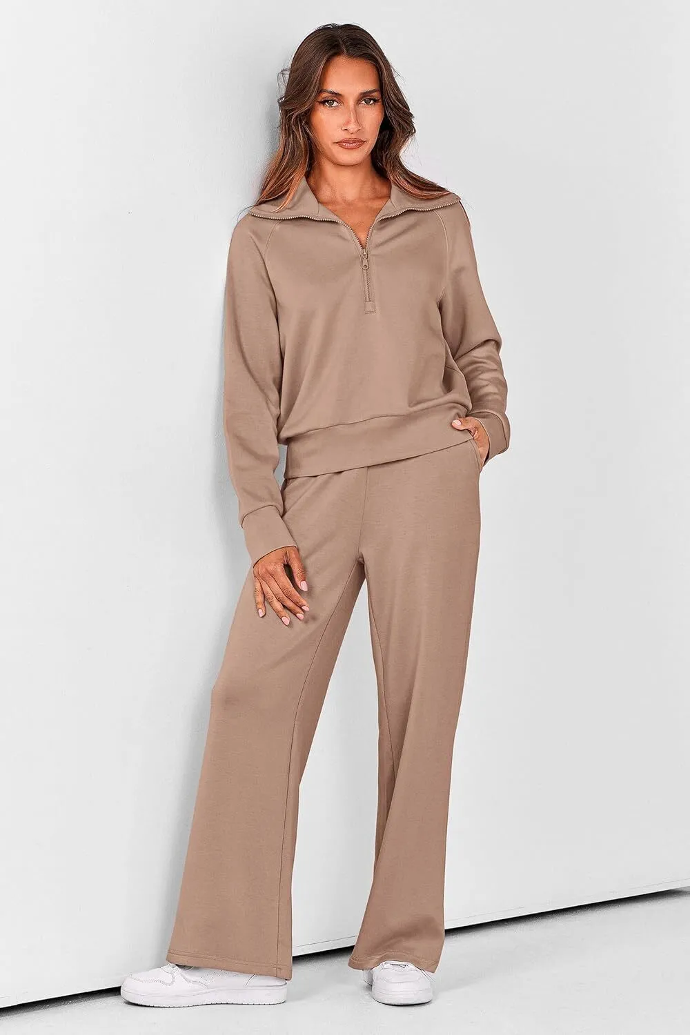 🔥Final Day Clearance!🛒Women's 2 Piece Outfits Casual Lapel Half Zip Sweatshirts And Wide Leg Pants Tracksuit Sets🔥8-PACK ONLY $28🔥