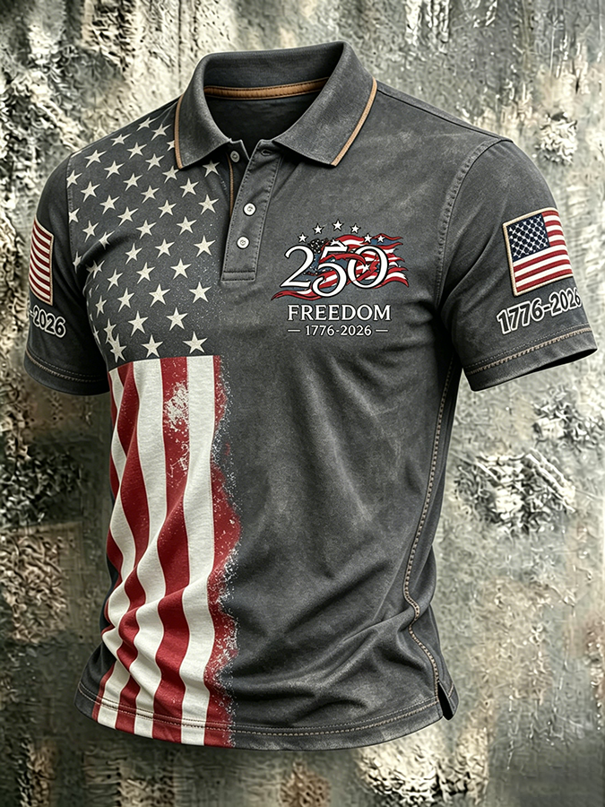 Men'S Casual American 250Th Anniversary Commemorative Washed And Distressed Printed Collar T-Shirt