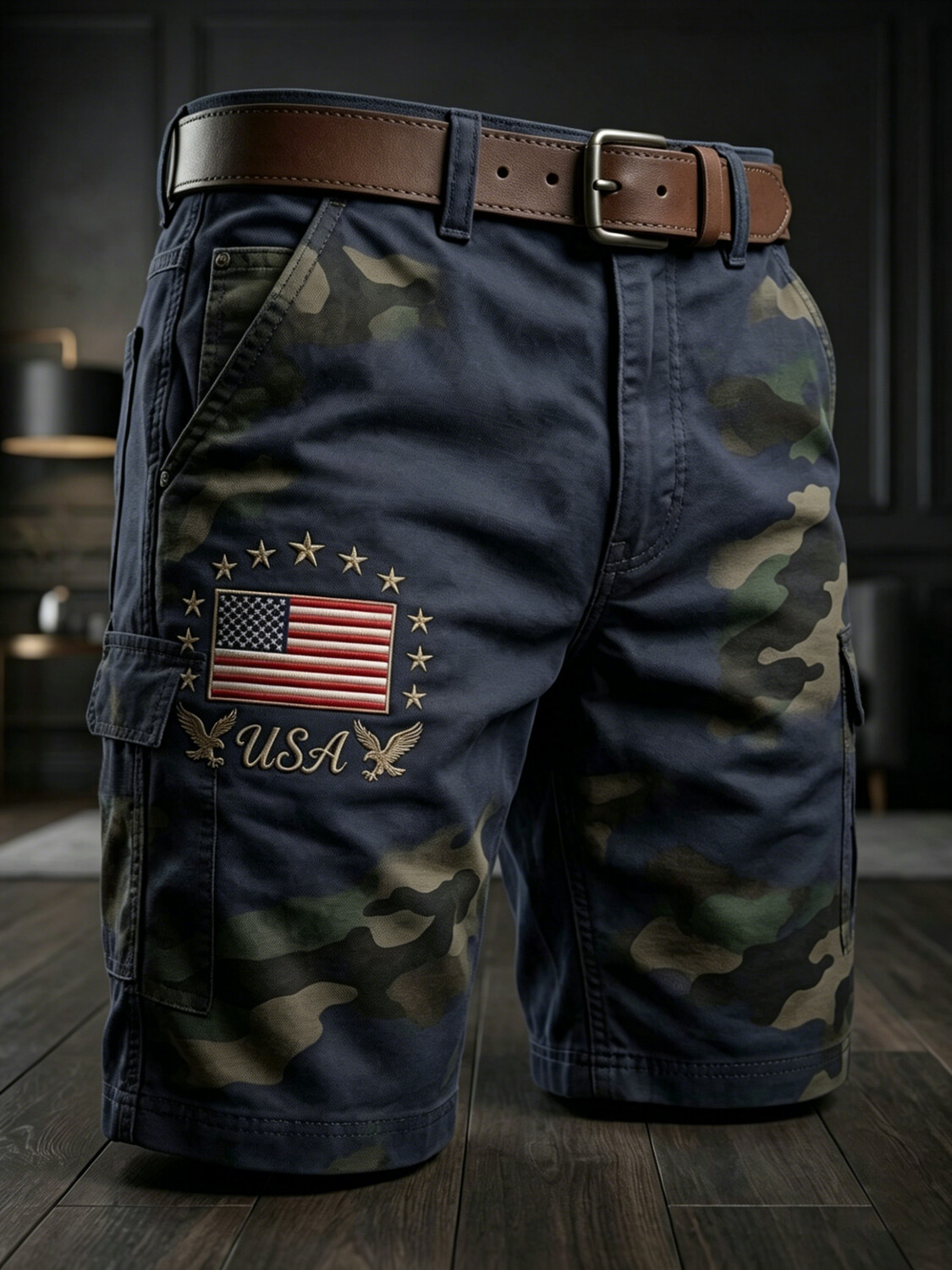 Men's Camouflage American Flag Art Print Denim-Like Cargo Shorts