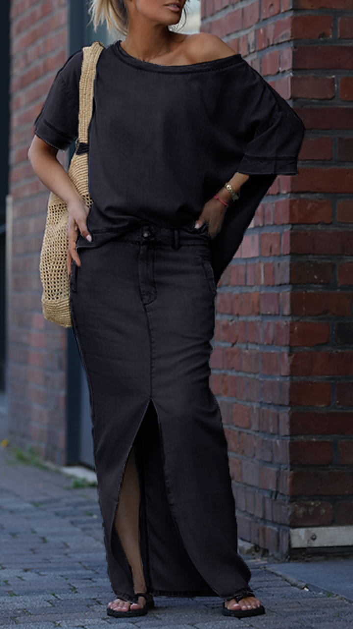 Women's Round Neck Tencel Denim Casual Suit