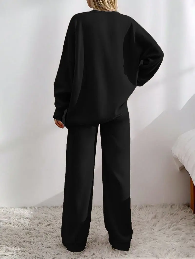 Women's  V Neck Cardigan & Elastic Waist Wide Leg Pants Two-piece Set