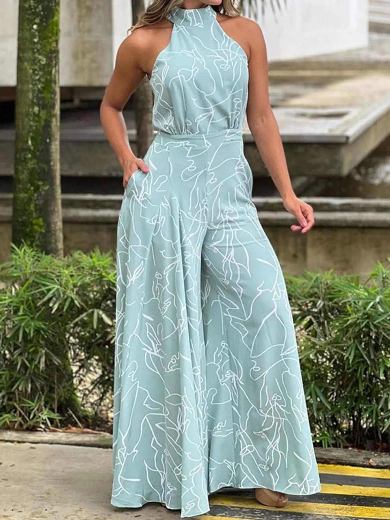 Women's All Over Print Pocket Tie Back Halter Jumpsuit